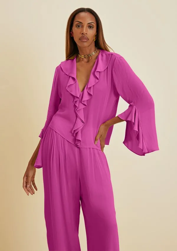 Blusa Morena Rosa Decote V Manga Flare Babado Decote Roxo G