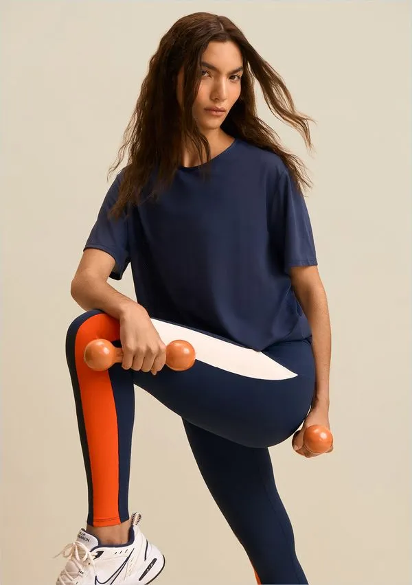 Blusa Morena Rosa Solta Decote Careca Manga Curta Padrão Azul Escuro M