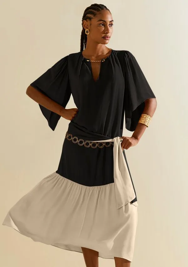 Vestido Morena Rosa Solto Decote Careca Manga Curta Midi Preto G