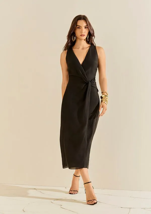 Vestido Morena Rosa Ajustado Decote Transpassado Sem Manga Midi Preto M