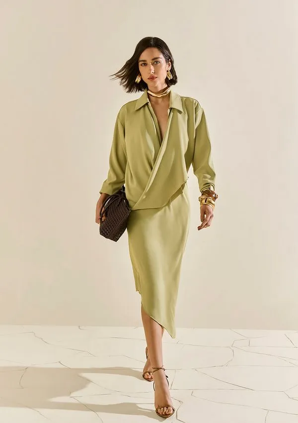 Vestido Morena Rosa Solto Decote V Manga Longa Midi Verde PP