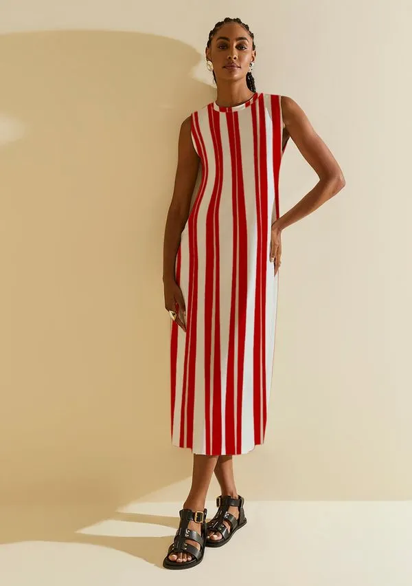 Vestido Morena Rosa Solto Decote Careca Sem Manga Midi Bege GG