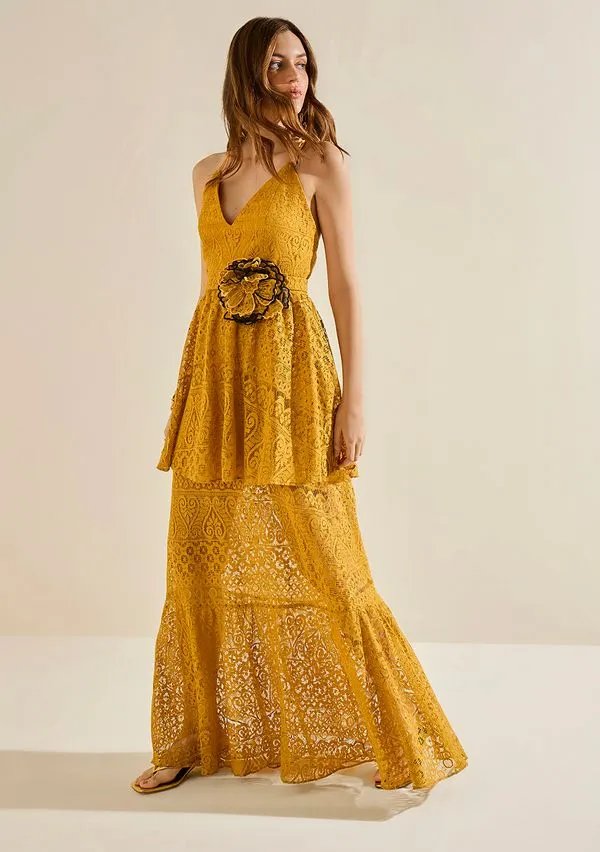 Vestido Morena Rosa Ajustado Decote V Com Alça Longo Amarelo M
