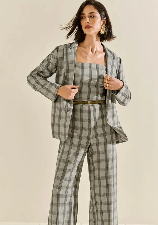 Blazer Morena Rosa Solto Manga Longa Padrão Cinza G