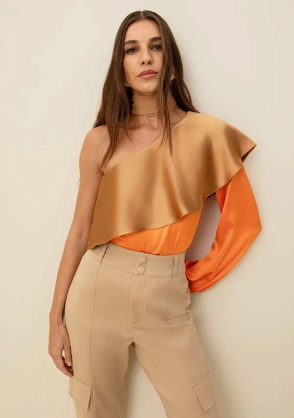 Blusa Morena Rosa Ombro Só Manga Longa Babado Decote Laranja M