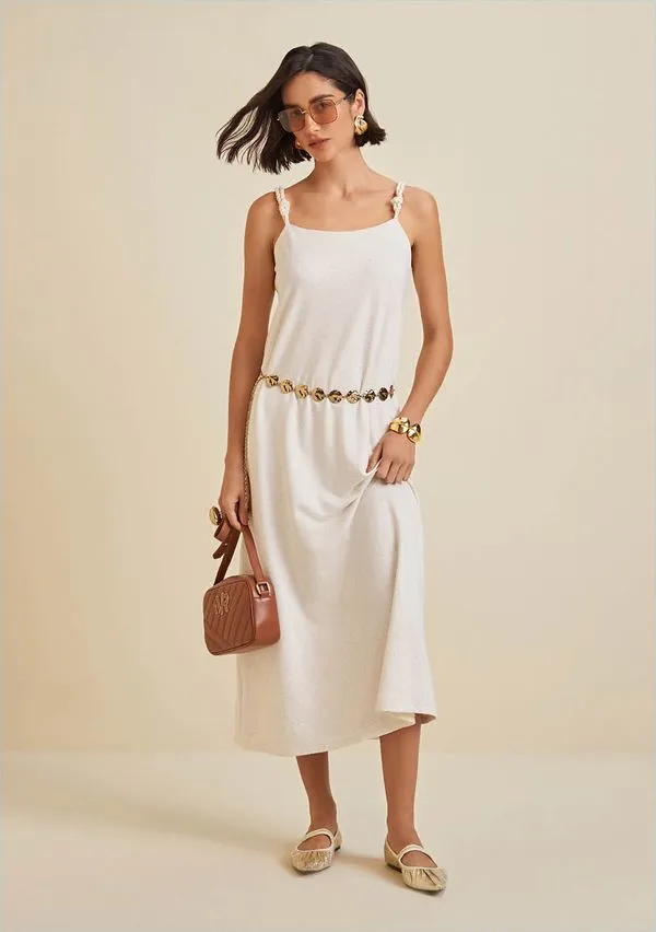Vestido Morena Rosa Solto Decote Reto Com Alça Midi Cru M
