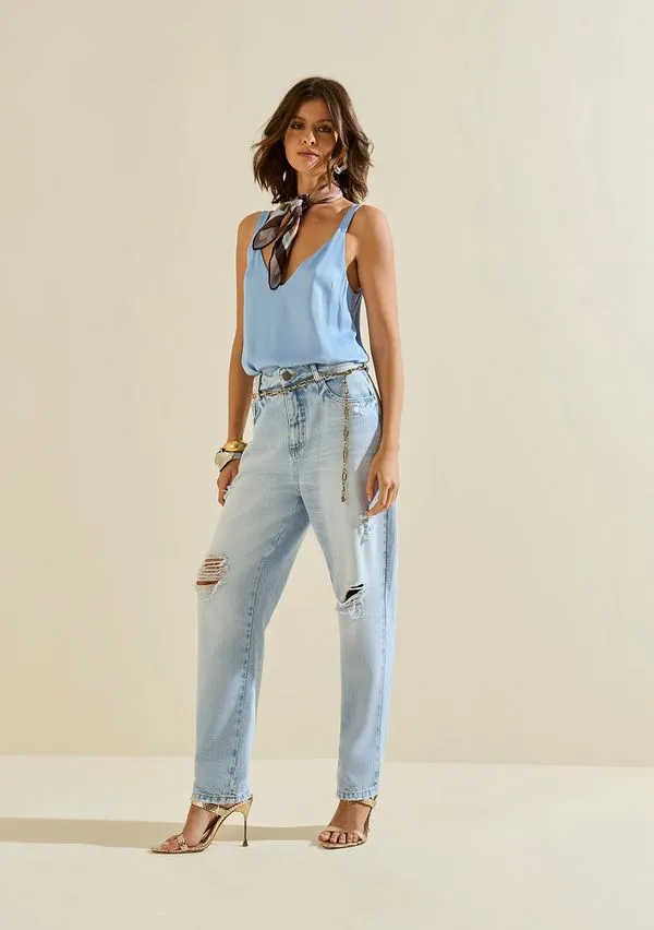 Calça Morena Rosa Mom Média Azul 46