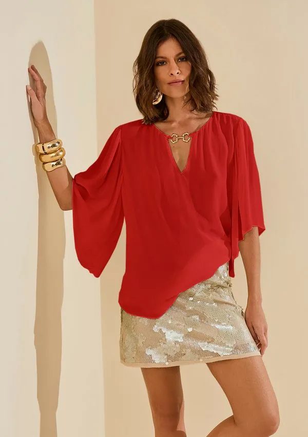 Blusa Morena Rosa Solta Decote Careca Manga 3 Quartos Padrão Vermelho M