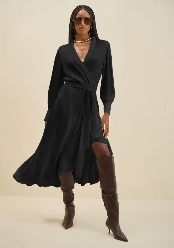 Vestido Morena Rosa Solto Decote Transpassado Manga Longa Midi Preto G