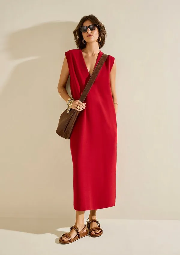 Vestido Morena Rosa Ajustado Decote V Sem Manga Midi Vermelho P