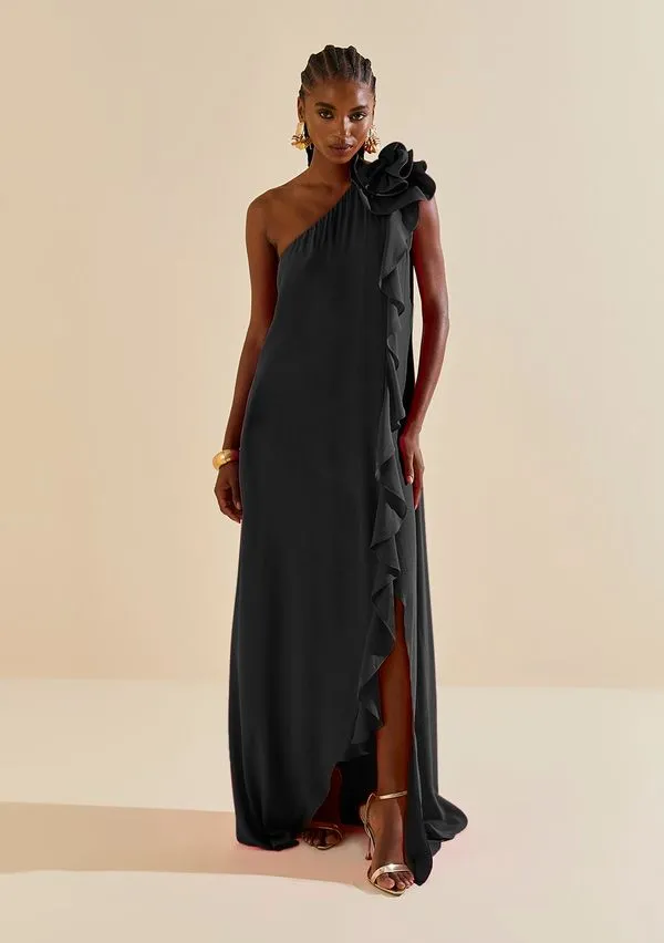 Vestido Morena Rosa Solto Um Ombro Só Sem Manga Longo Preto P