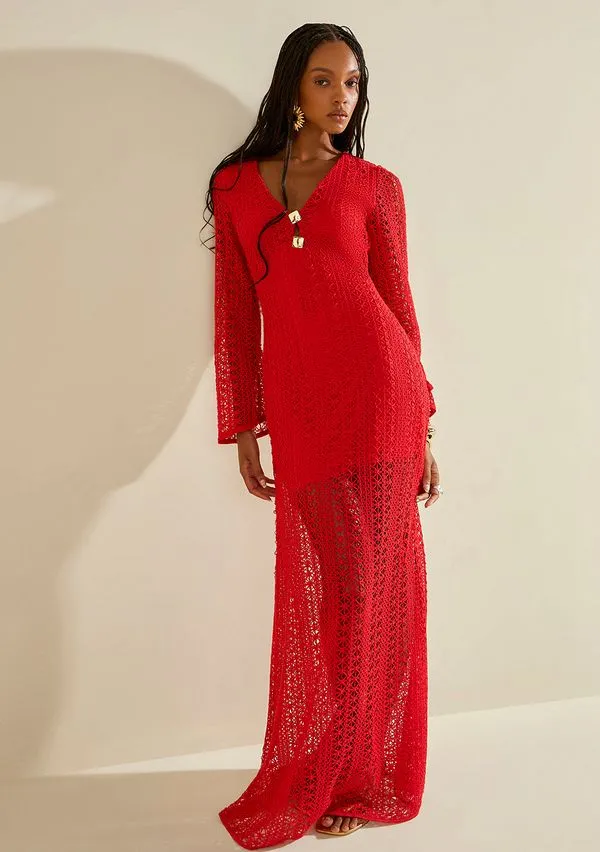 Vestido Morena Rosa Solto Decote V Manga Longa Longo Vermelho P
