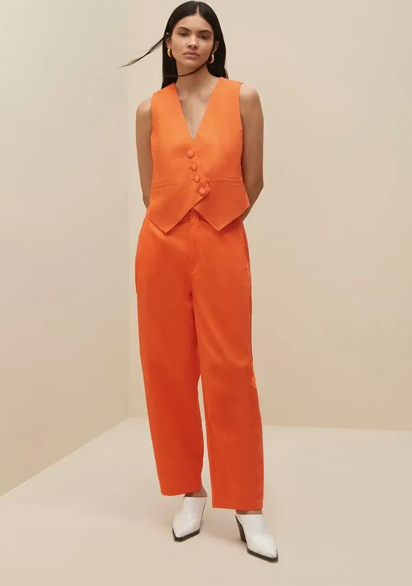 Calca Morena Rosa New Shape Cós Alto Com Pregas Laranja 40