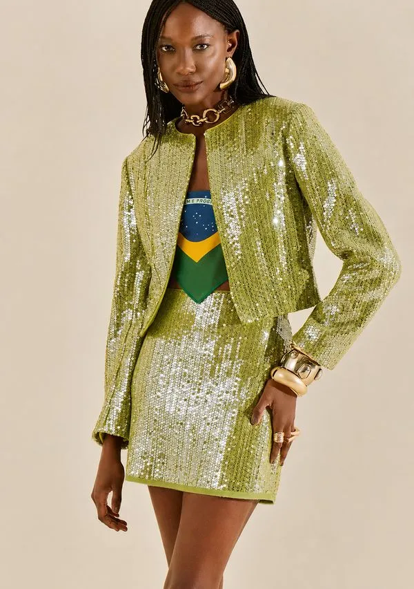 Blazer Morena Rosa Solto Manga Longa Cropped Verde P
