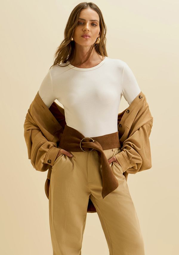Blusa Morena Rosa Ajustada Decote Careca Manga Longa Padrão Off White P