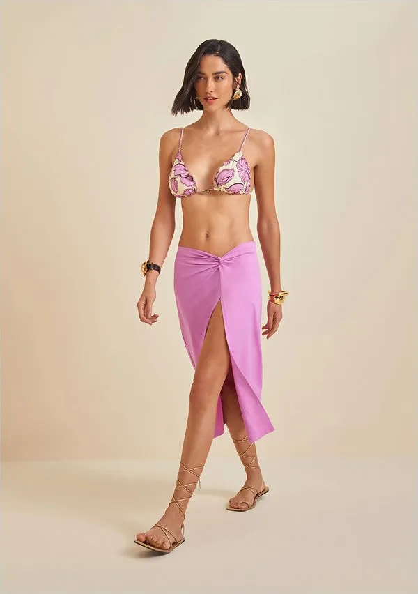 Saia Morena Rosa Midi Justa Com Fenda Rosa M