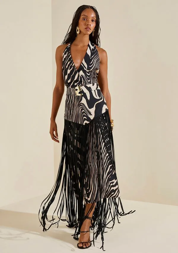 Vestido Morena Rosa Ajustado Decote Transpassado Sem Manga Midi Preto G
