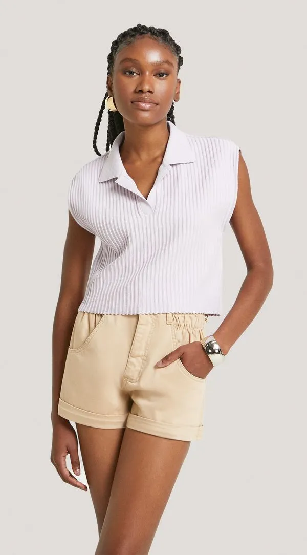 Blusa Morena Rosa Gola Polo Sem Manga Básica Lilas G