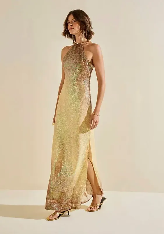 Vestido Morena Rosa Ajustado Cava Francesa Com Alça Longo Amarelo P