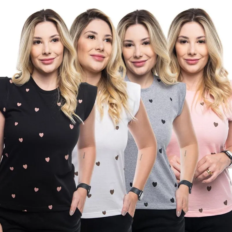 Kit 4 Camisetas Feminina Muscle Tee Manga Curta Estampada Coração Poa