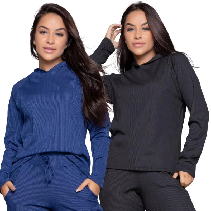 KIT 2 Blusa Fitness Comfy Canelada Vekyo Com Capuz Roupa Para Treino Frio Moda Feminina Academia