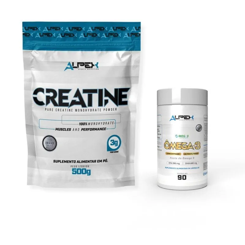 Kit Creatina Pura 500g Refil + Ômega 3 Selo Meg3 90 Caps - Alpex Sports Nutrition