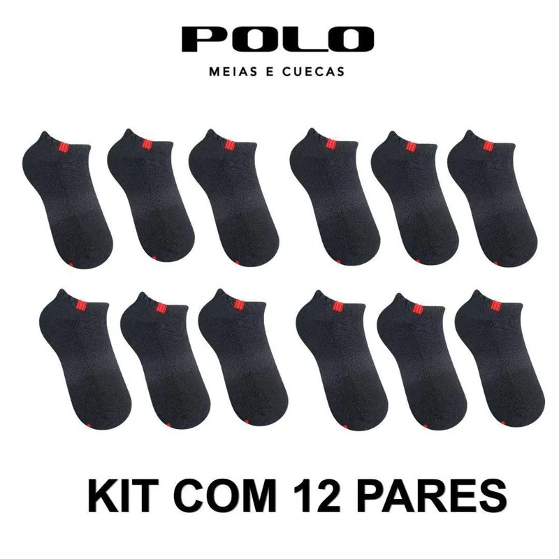 Kit 12 Pares de Meias Masculina Invisível Confort Preto