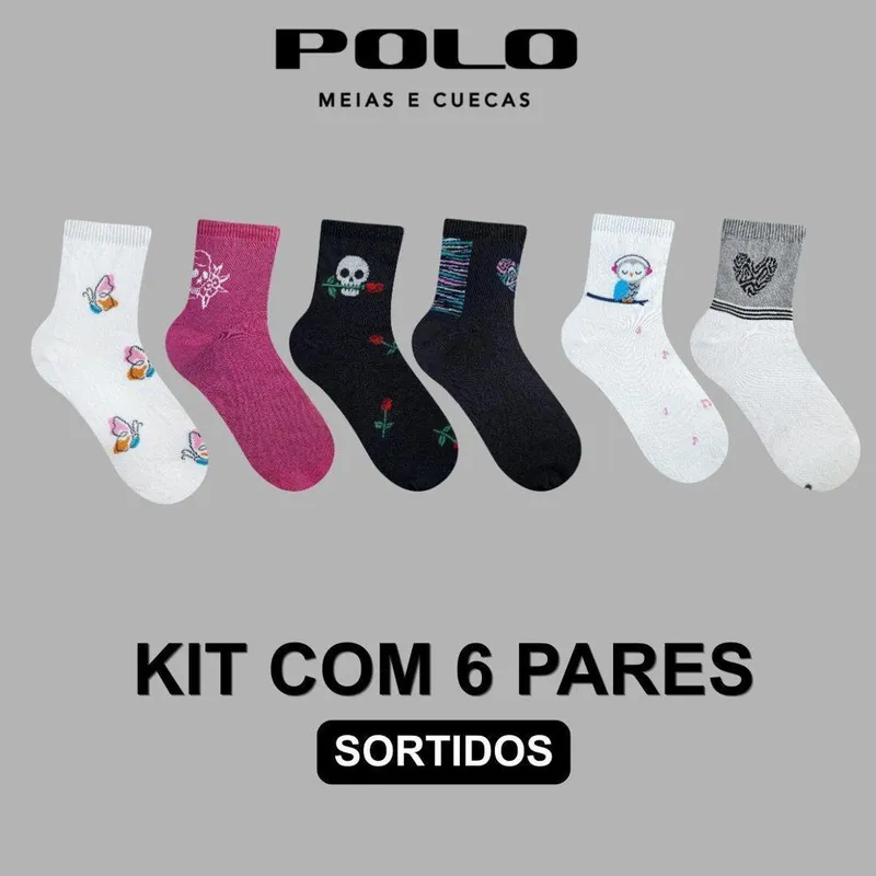 Kit 6 Pares de Meias Feminino Soquete Style Estampas Sortidas