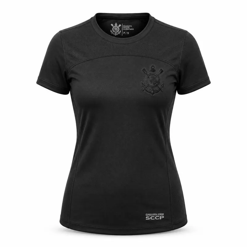 Camisa Corinthians Feminina All Black Dry Logo Gel Licenciado Oficial