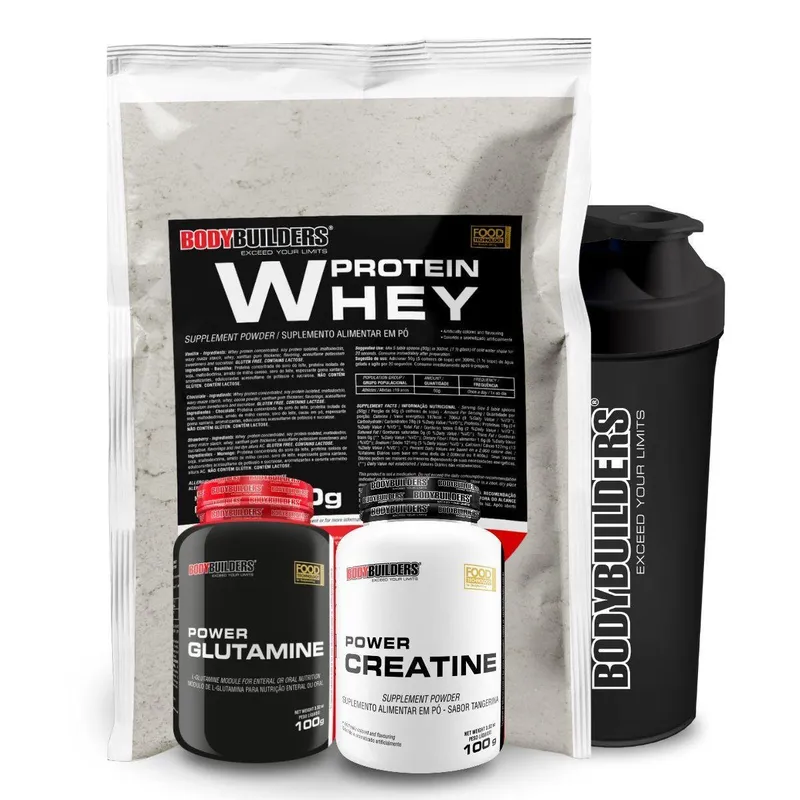 Kit Whey Protein 500g + Power Creatina 100g + Power Glutamina 100g + Coqueteleira - Bodybuilders