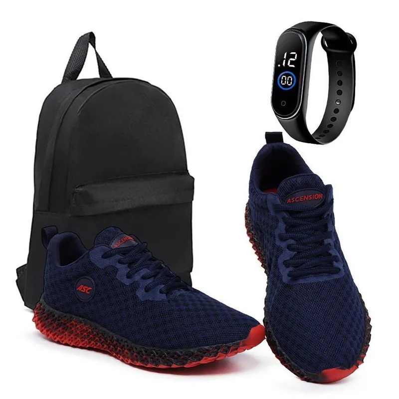 Kit Tênis Masculino Confortável Para Caminha Treino e Dia a Dia + Mochila Básica + Relógio