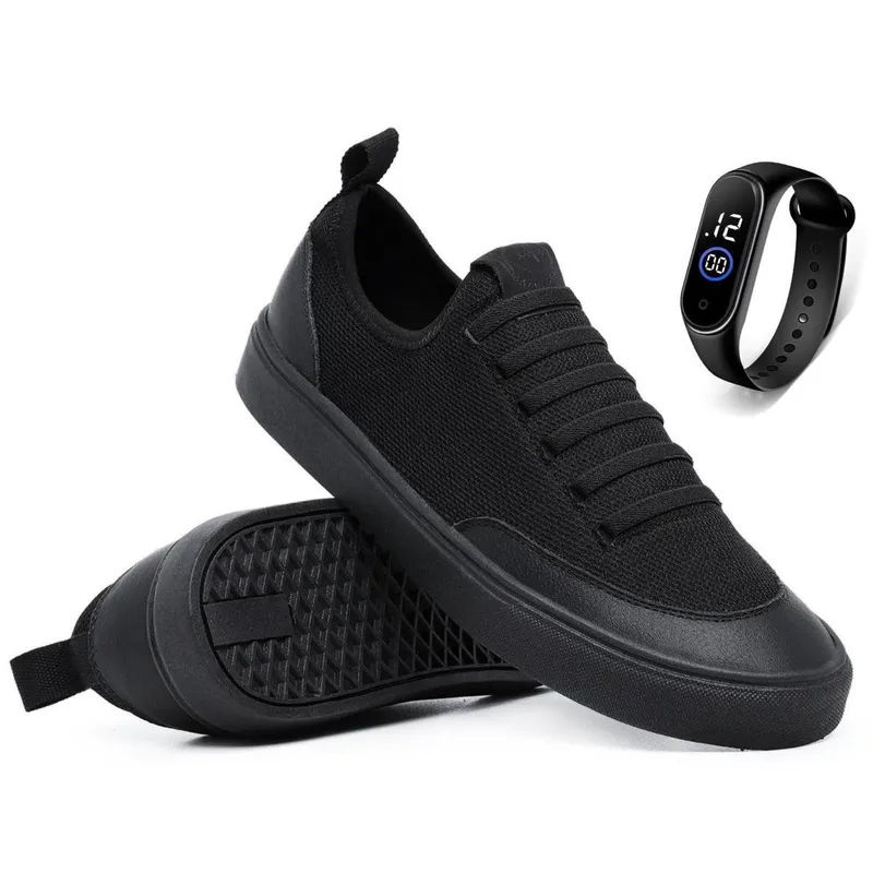 Kit Sapatênis Tênis Casual Masculino Feminino Meia Calce Fácil Elástico Sola Reta + Relógio
