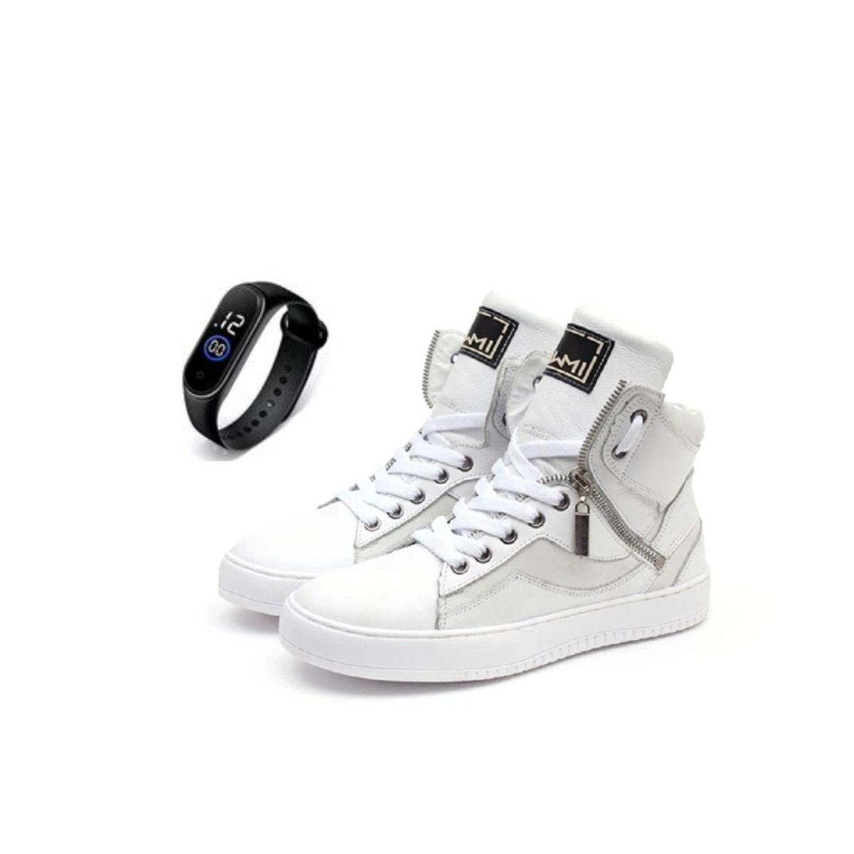 Tenis Feminino Sneaker Fitness Academia Couro com Ziper + Relógio