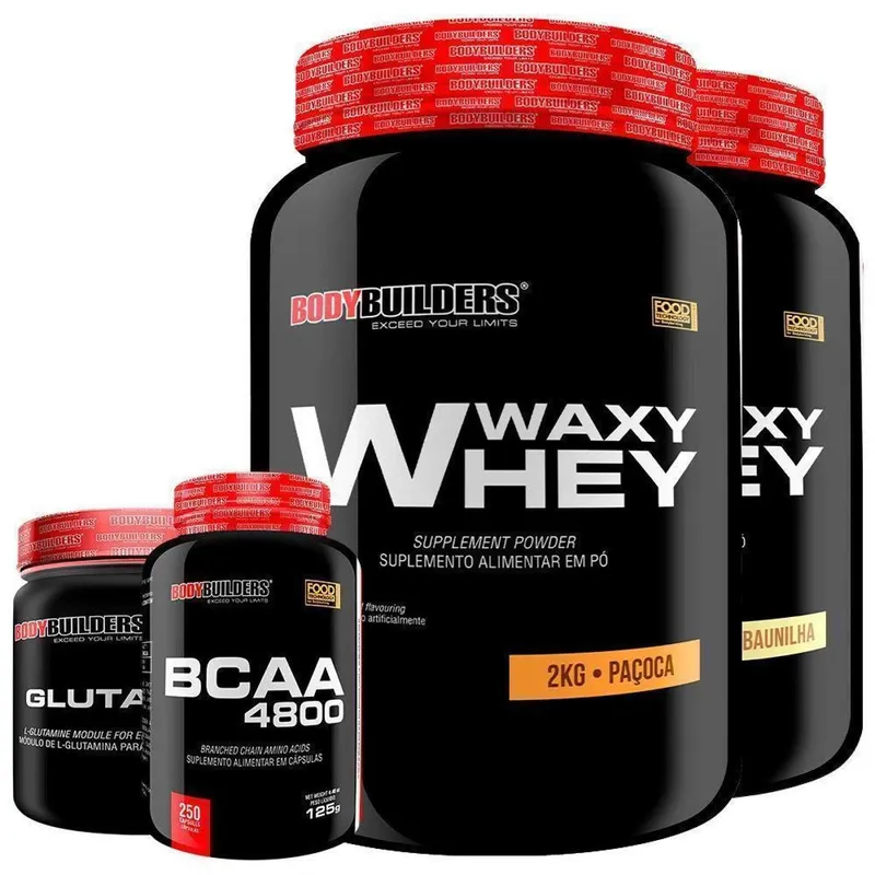 KIT - 2x Whey Protein Waxy Whey 2kg + Glutamina 500g + BCAA 4800 250 Cápsulas - Bodybuilders
