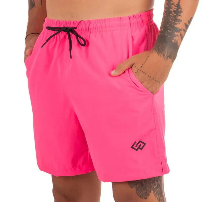 Short Praia Elastano Rosa Pink Neon Liso Masculino Premium