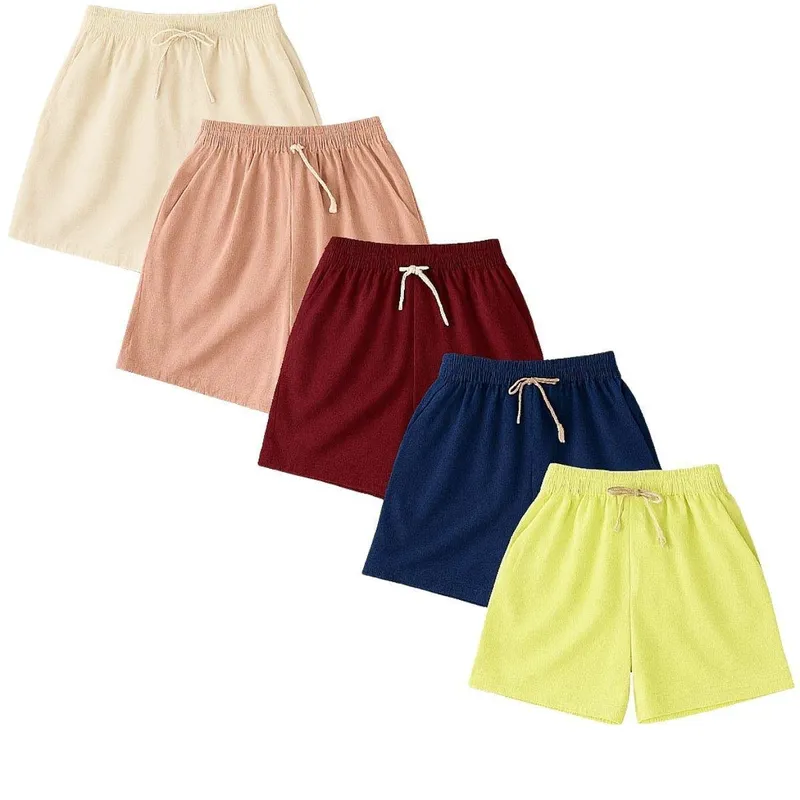 Kit Com 5 Shorts Short Masculino de Linho com Cós Elástico e Cordão