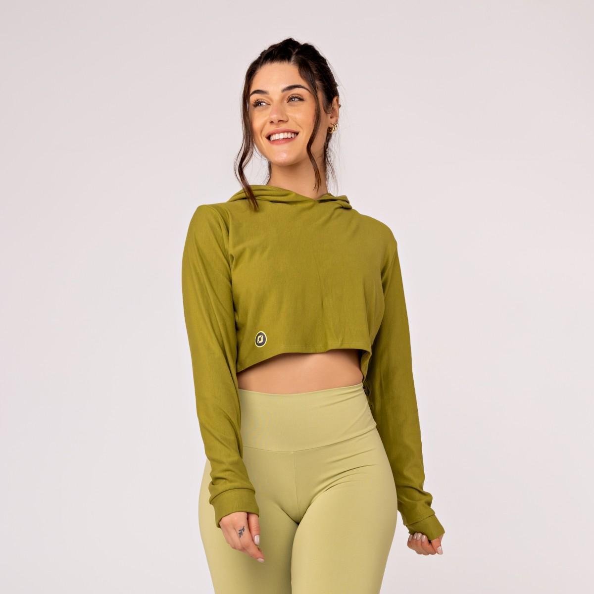 Cropped Feminino Curto de Moletinho com Capuz e Manga Longa