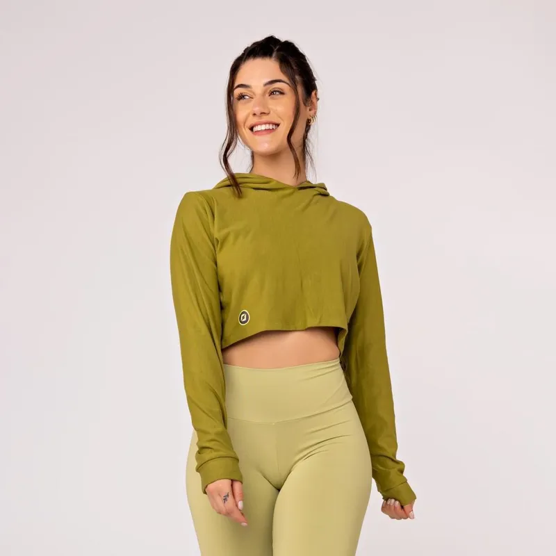 Cropped Feminino Curto de Moletinho com Capuz e Manga Longa