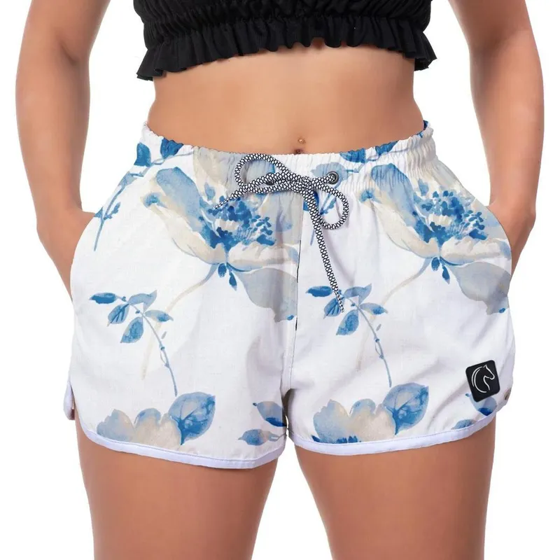 Short Praia Feminino Folhagem Azul Estampado Academia Caminhada Corrida Qualidade Conforto
