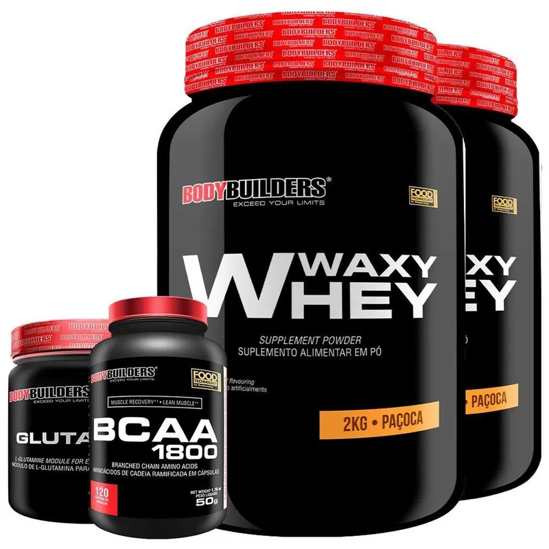 KIT - 2x Whey Protein Waxy Whey 2kg + Glutamina 500g + BCAA 1800 120 Cápsulas - Bodybuilders