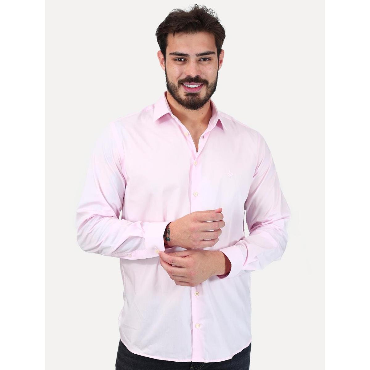 Camisa Dudalina Masculina Slim Superfine Cotton Tricoline Lisa Stretch Rosa Claro