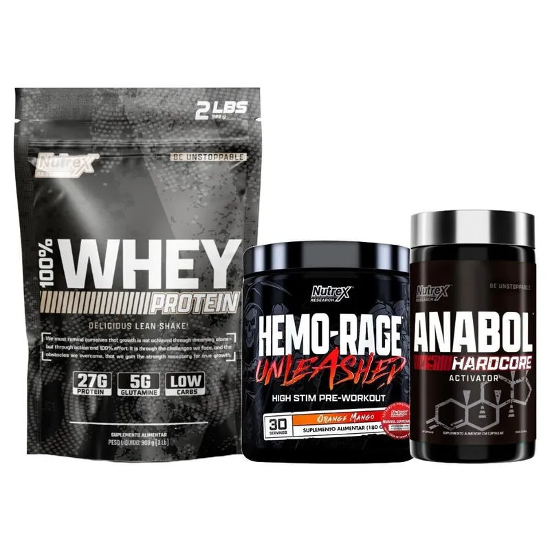Kit 100% Whey 900g + Hemo-Rage 180g + Anabol 60 Caps Nutrex