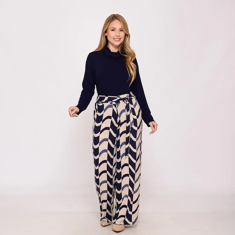 Calça Pantalona Cós largo Bolsos BBonnie Sheila Bege Azul Tamanho:P;Genero:Feminino;Cor: