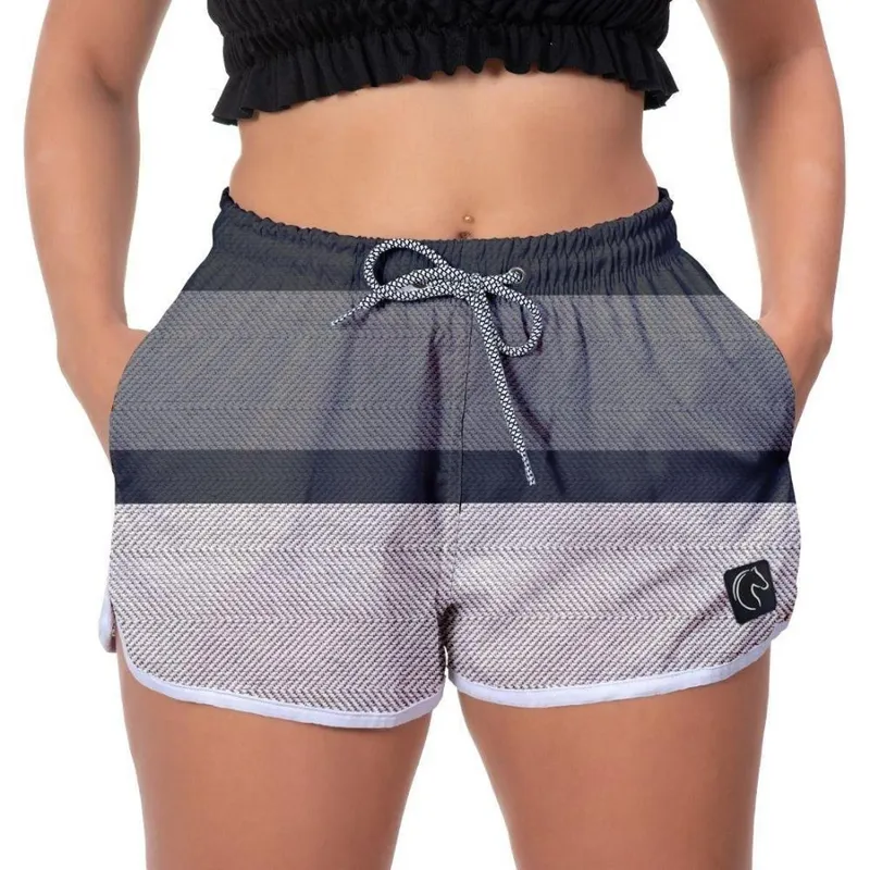 Short Praia Feminino W2 Listrado Cinza Preto Caminhada Treino