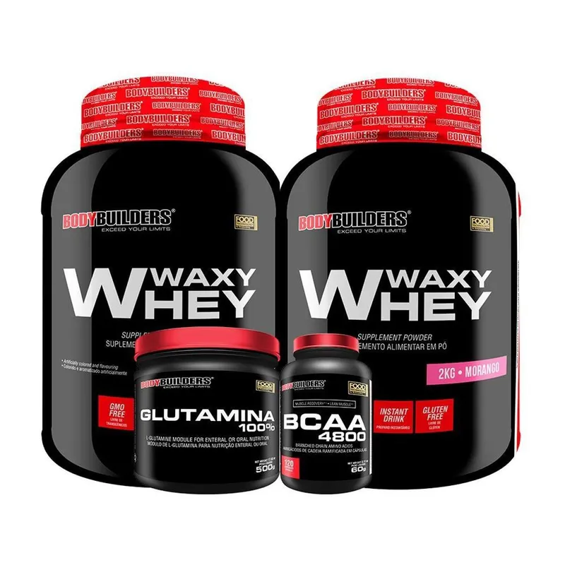 KIT - 2x Whey Protein Waxy Whey 2kg + Glutamina 500g + BCAA 4800 120 Cápsulas - Bodybuilders