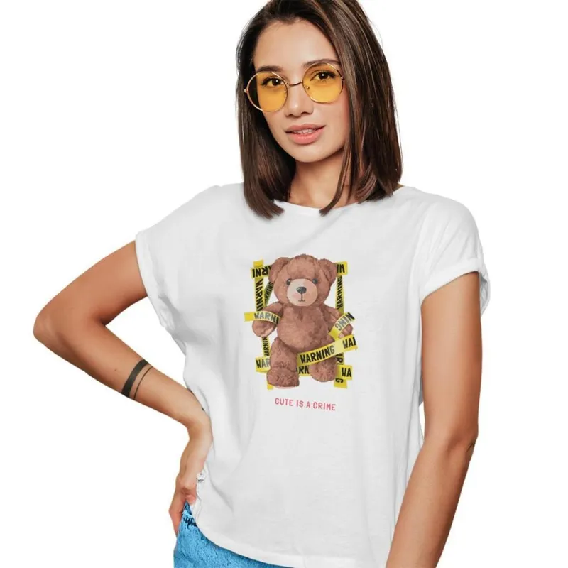 Camiseta T-Shirt Baby Look Feminina Algodão Estampada Urso