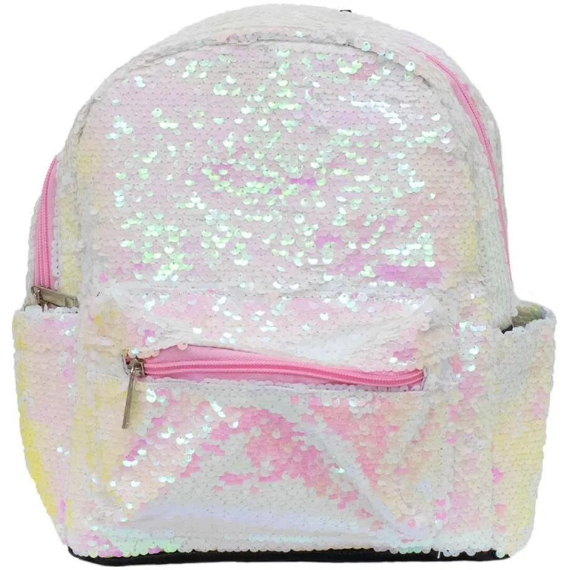 Mochila Lantejoulas Branco e Rosa 29x13x36cm