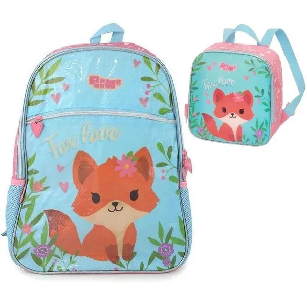 Kit Mochila de Costa+Lancheira Fox Love Pack Me Pacific Rosa