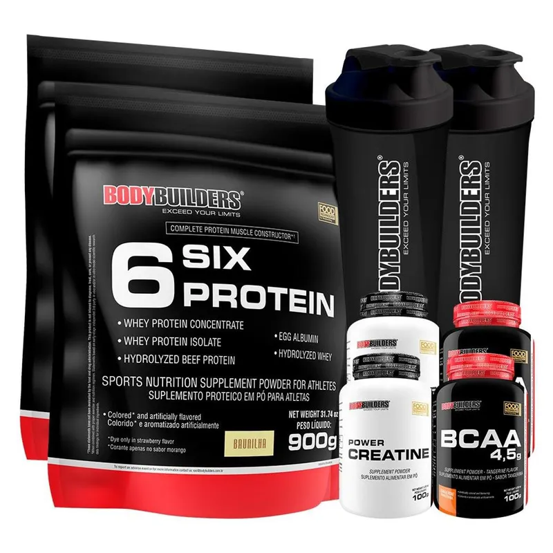 Kit 2 x Whey Protein - 6 Six Protein - Refil 900gr + 2x BCAA 100g + 2x Creatina 100g + Coque