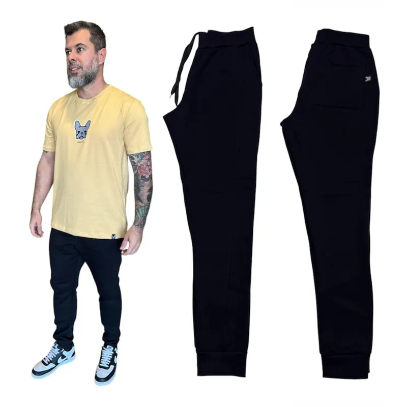 CALÇA DE MOLETOM MASCULINA COM PUNHO NA CINTURA E NA BARRA